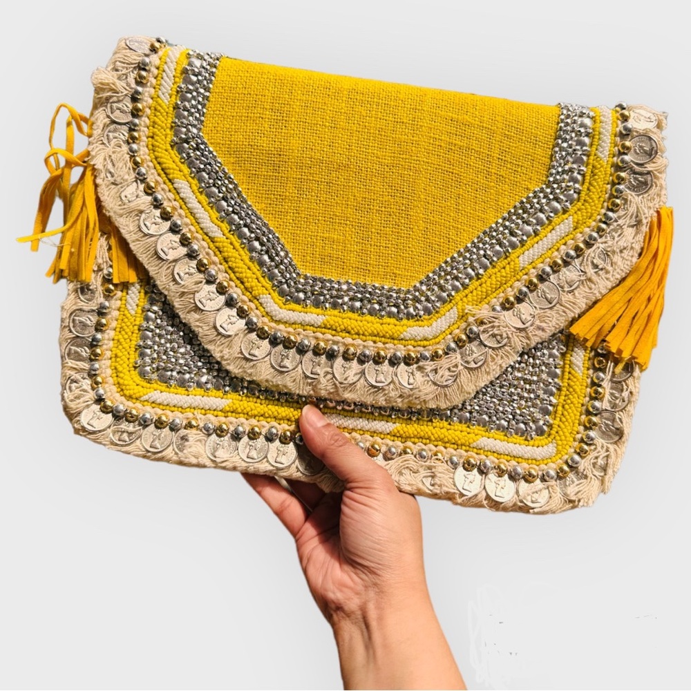 Bohemian Envelope Wristlets Banjara Clutch Yellow Color With tassels